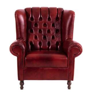 Dunkelroter Ohrensessel aus Echtleder Chesterfield Look