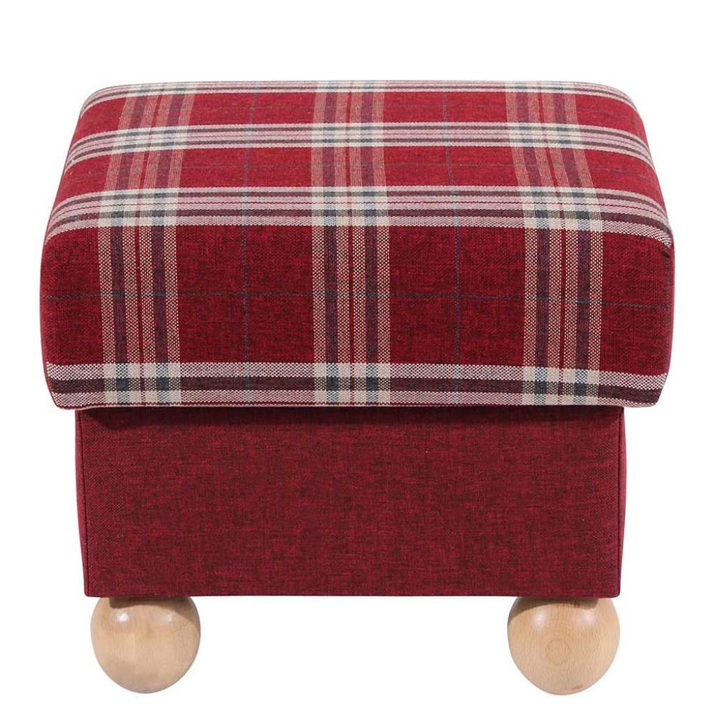 Quadratischer Hocker in Rot mit Karomuster Vierfußgestell aus Holz