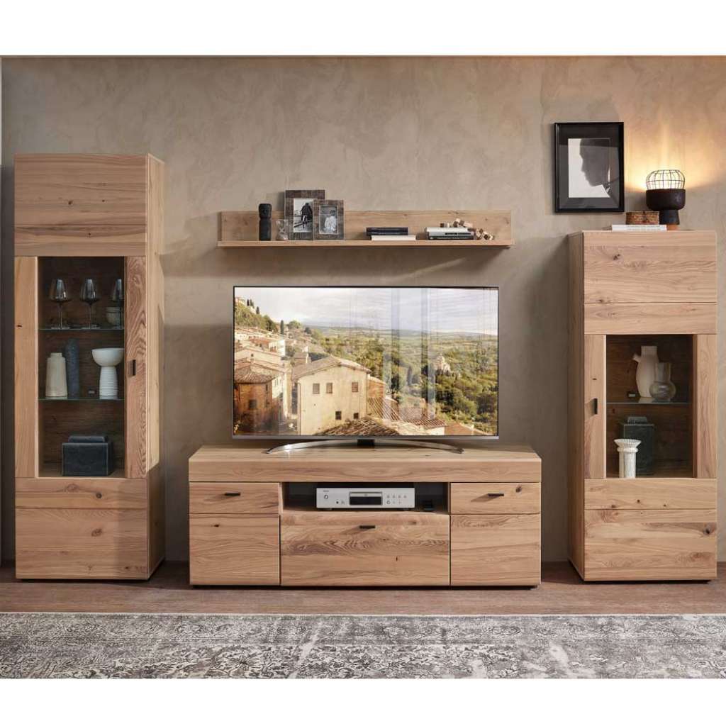 Design Wohnwand teilmassiv Holz 195 cm hoch Oberfläche geölt (vierteilig)