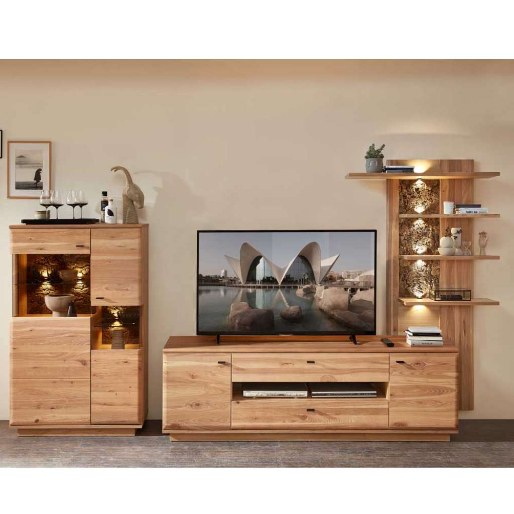 Anbauwand Holz Front massiv in modernem Design 186 cm hoch (dreiteilig)