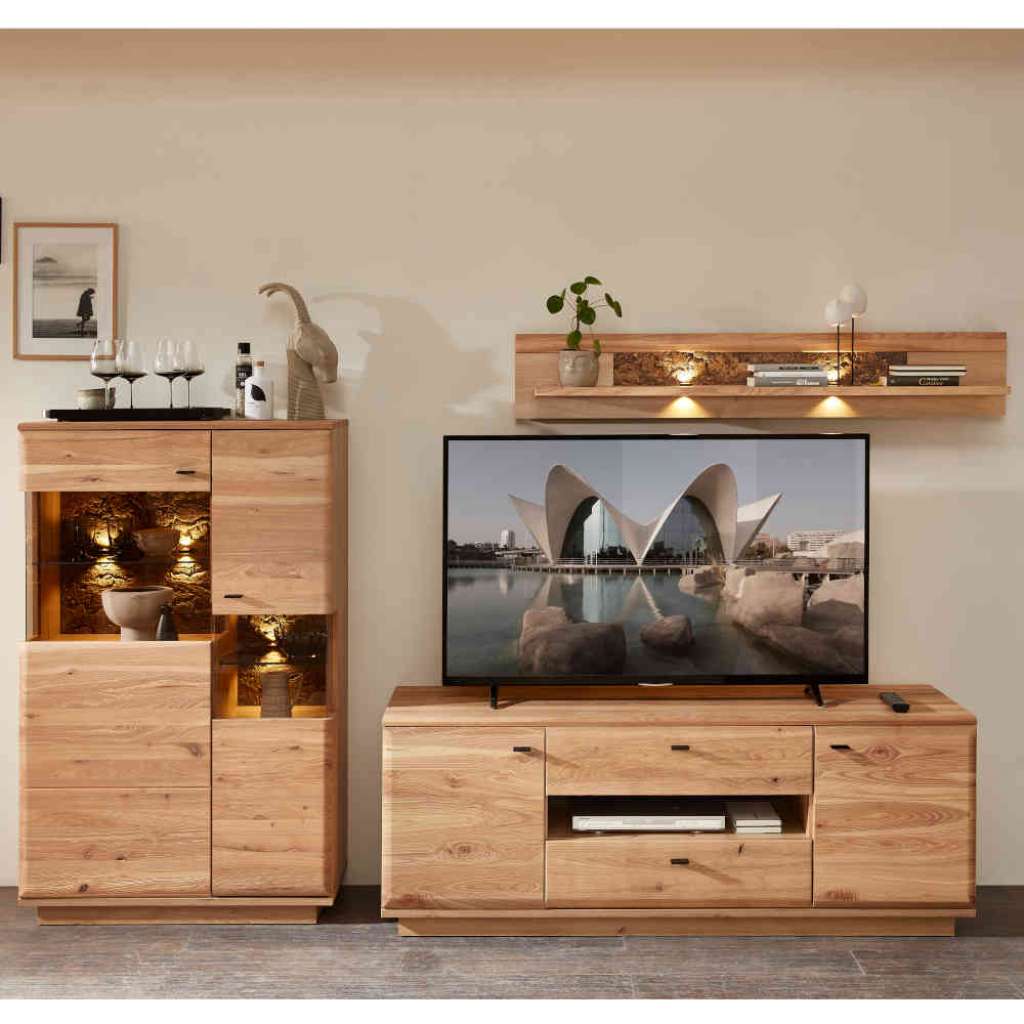 Holzwohnwand teilmassiv in modernem Design 140 cm hoch (dreiteilig)