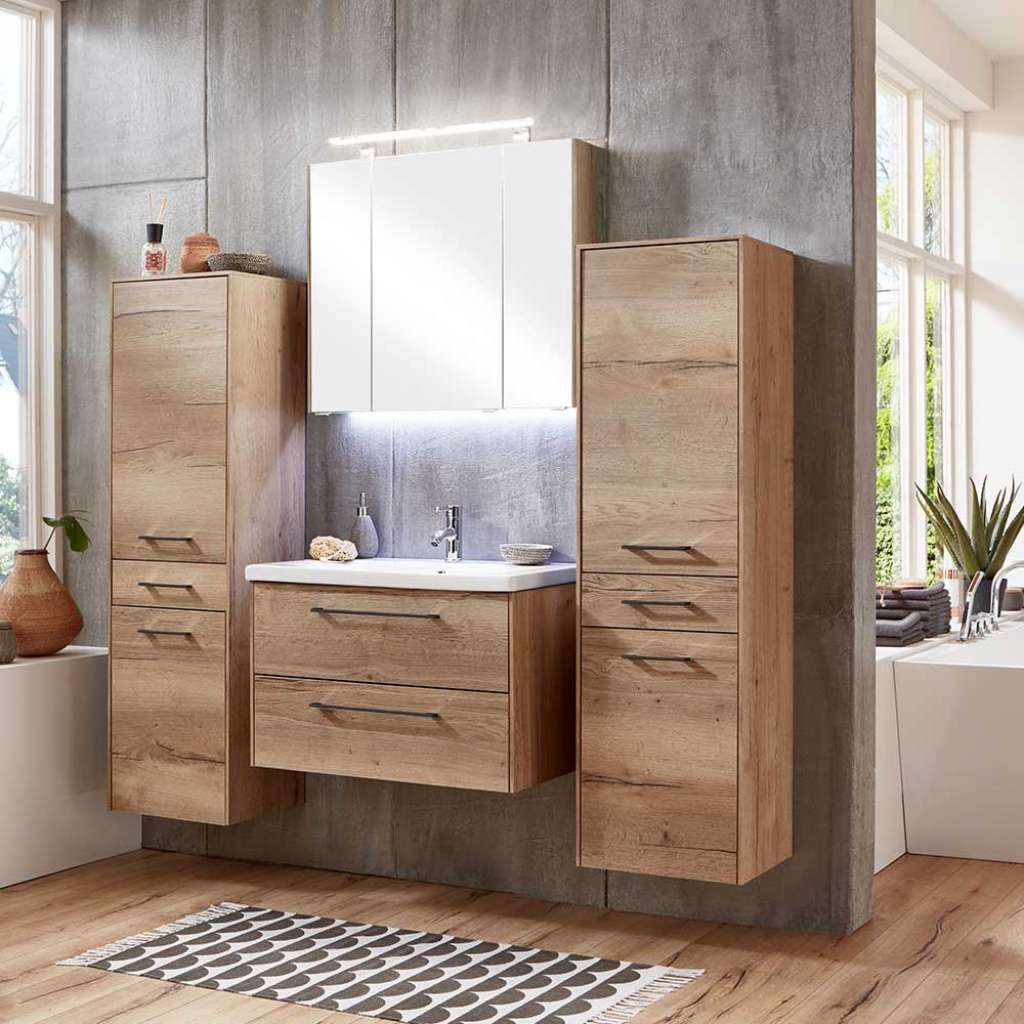 Badmöbelset für die Wand in Eichefarben Made in Germany (vierteilig)