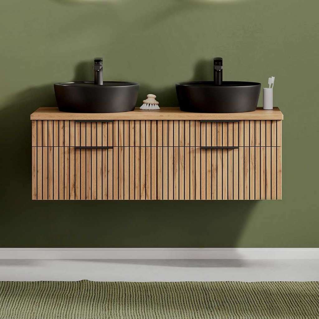 Waschschrank mit 2 Becken in Wildeichefarben Schwarz