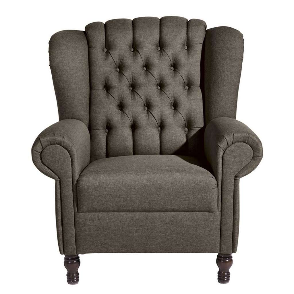 Ohrensessel Chesterfield braun aus Flachgewebe Vierfußgestell aus Holz