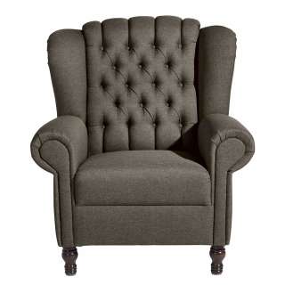 Ohrensessel Chesterfield braun aus Flachgewebe Vierfußgestell aus Holz