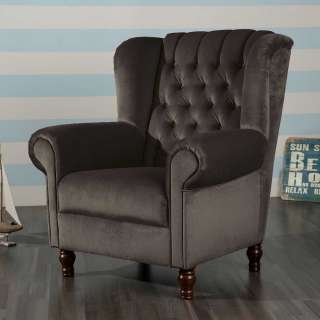 Brauner Samtvelours Sessel im Chesterfield Look Vierfußgestell aus Holz