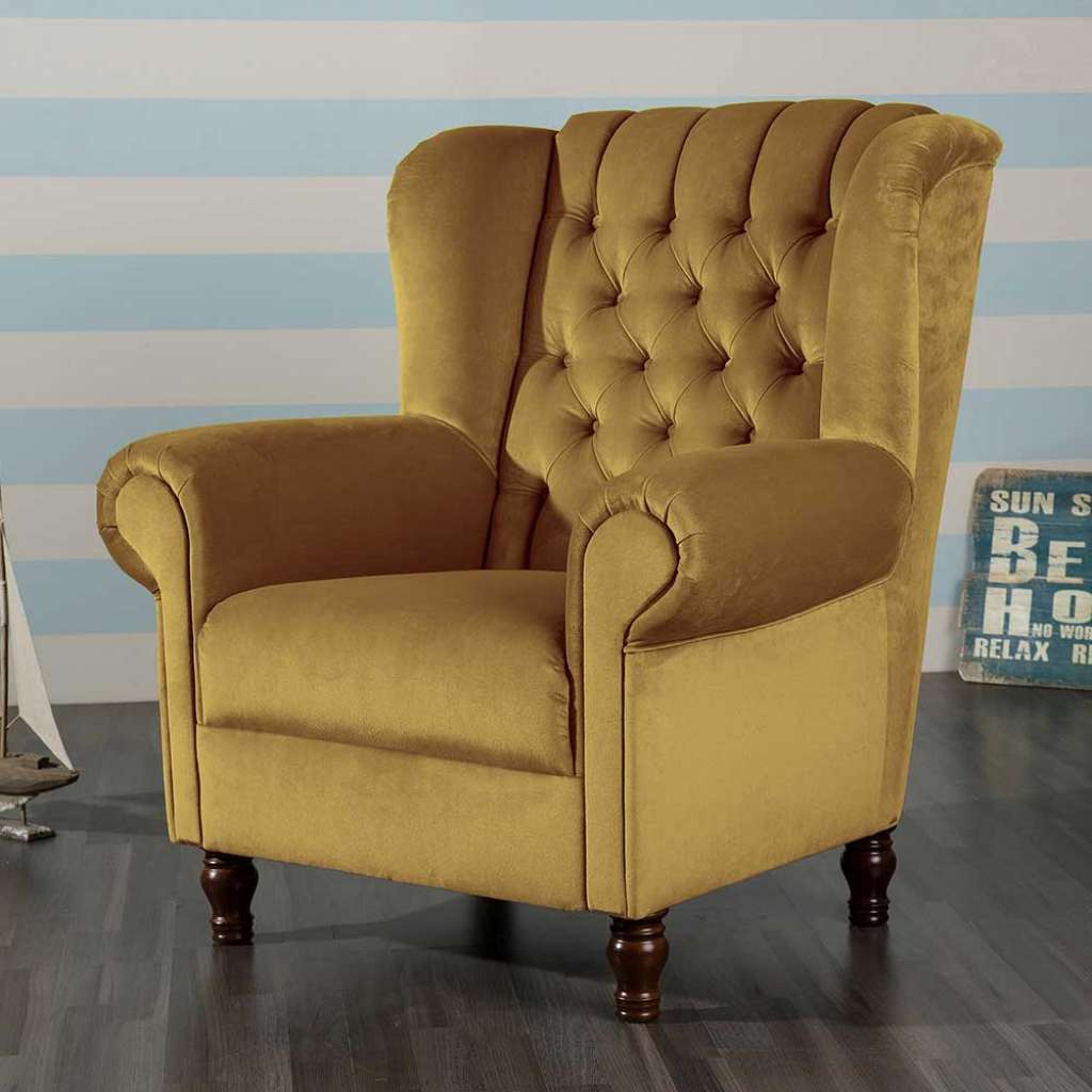 Armlehnsessel Samtvelours im Chesterfield Look Gelb und Nussbaumfarben