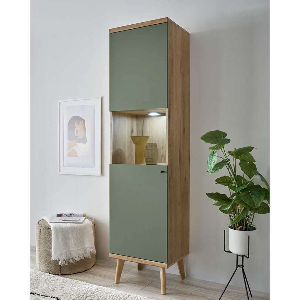 Esszimmervitrinenschrank Skandi in Graugrün Wildeichefarben