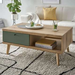 Sofa Tisch Skandi in Graugrün und Wildeichefarben 46 cm hoch