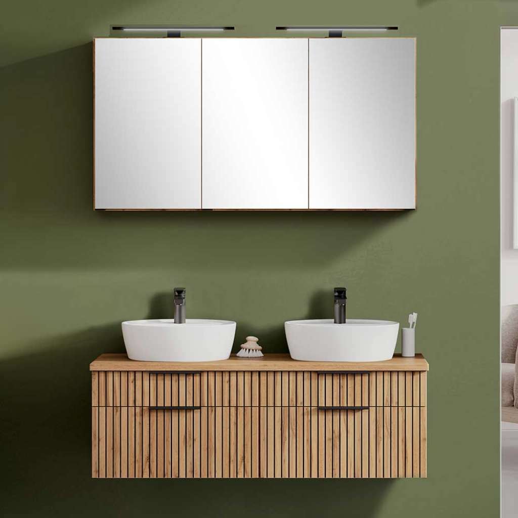 Waschplatz Set mit zwei Becken in Wildeichefarben 120 cm breit (zweiteilig)