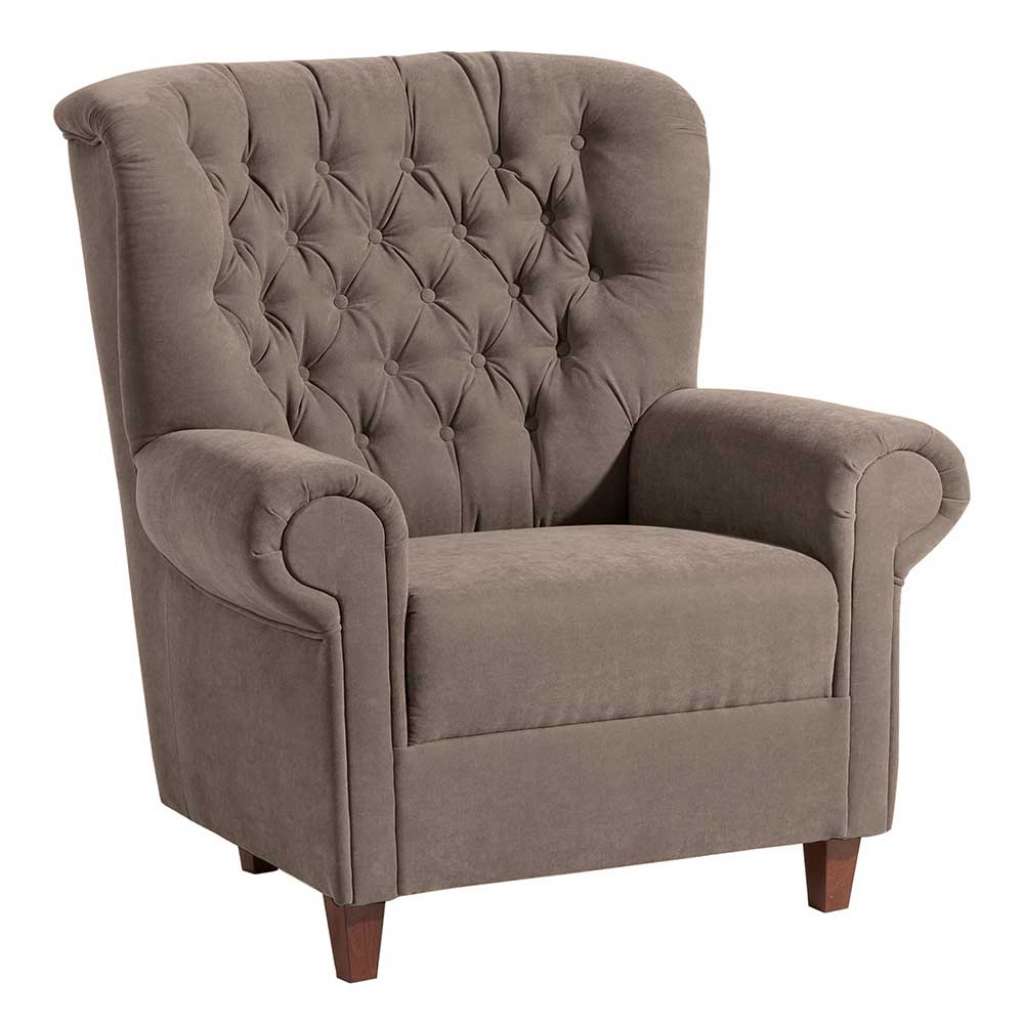 Federkern Polstersessel in Beigegrau und Nussbaumfarben Chesterfield Look