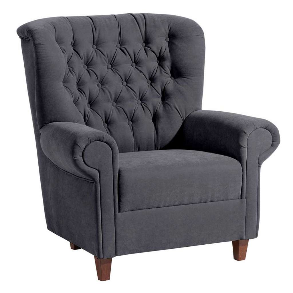 Federkern Sessel im Chesterfield Look Anthrazit und Nussbaumfarben