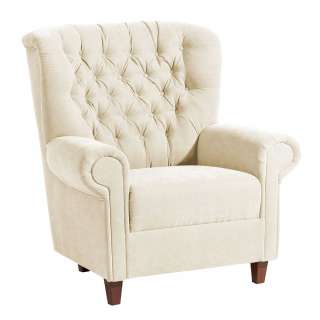 Chesterfieldsessel Creme mit Velours Bezug Federkern Polsterung