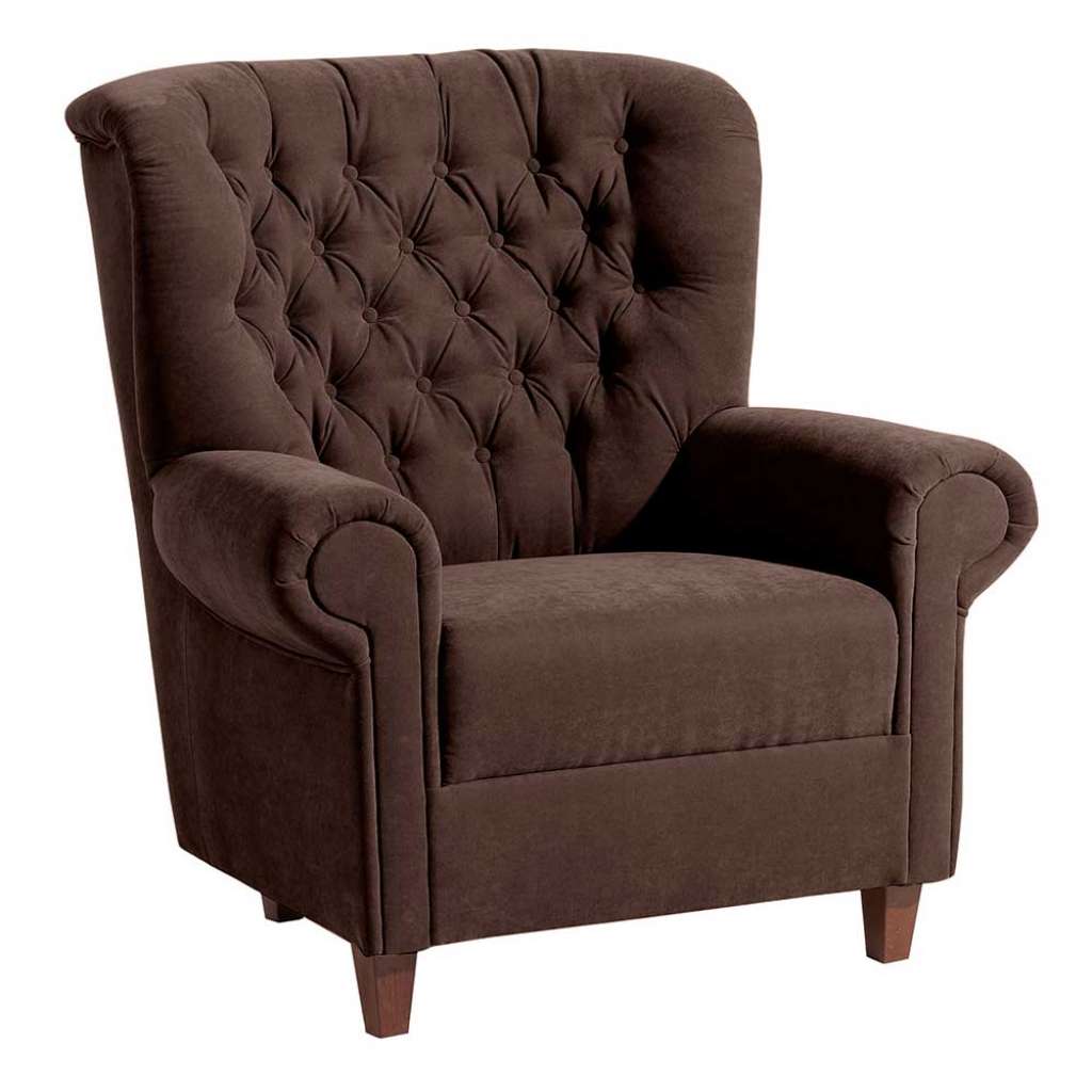 Lesesessel Chesterfield braun aus Velours Vierfußgestell aus Holz