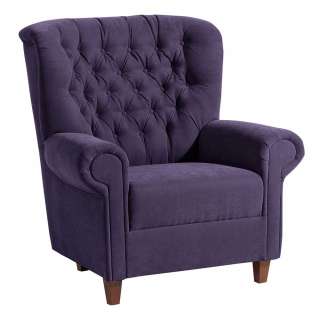 Kaminsessel Chesterfield in Violett Velours Nussbaumfarben