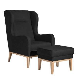 Ohrenbackensessel schwarz modern optionaler Hocker 44 cm Sitzhöhe