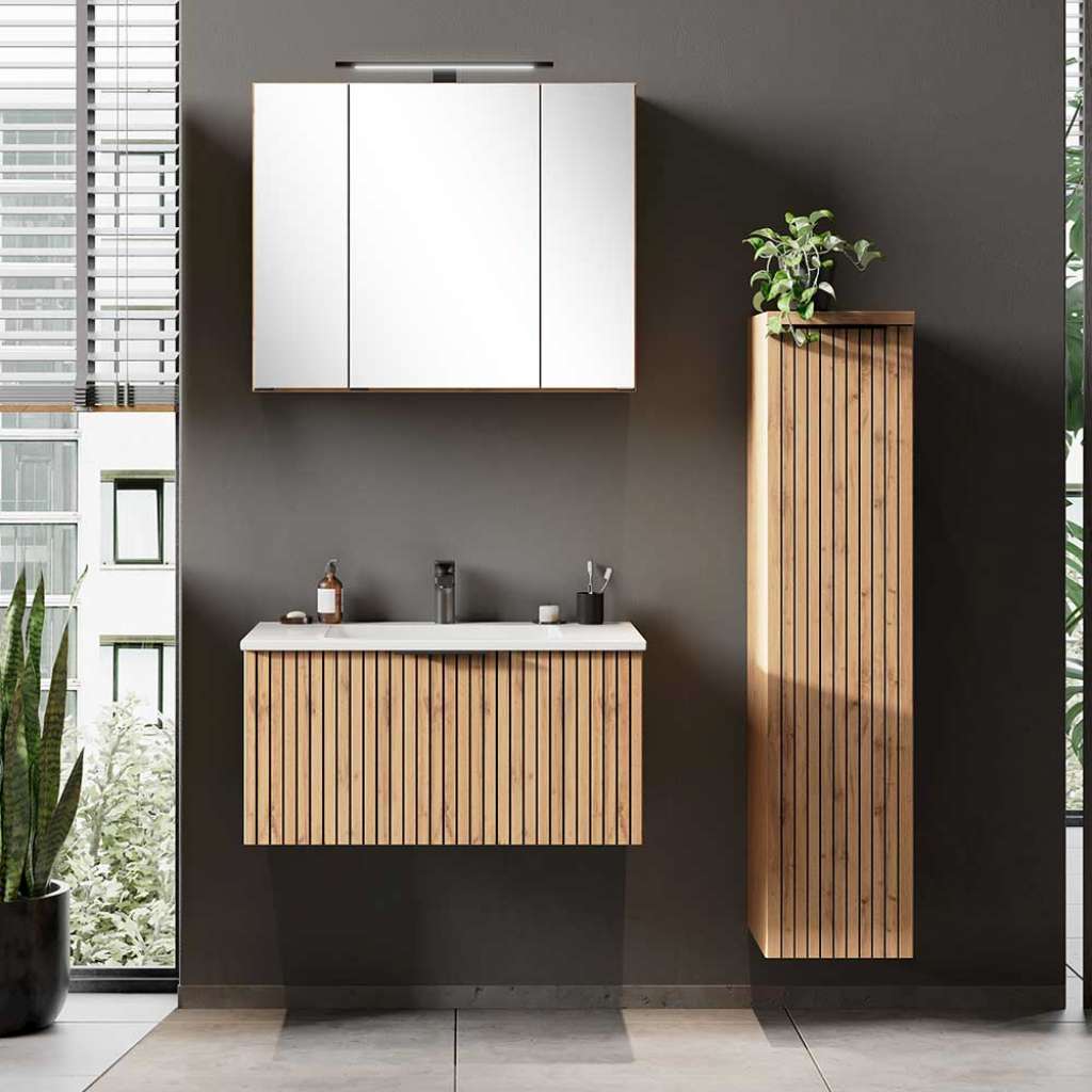Badmöbel mit Spiegelschrank Made in Germany Wildeichefarben (dreiteilig)