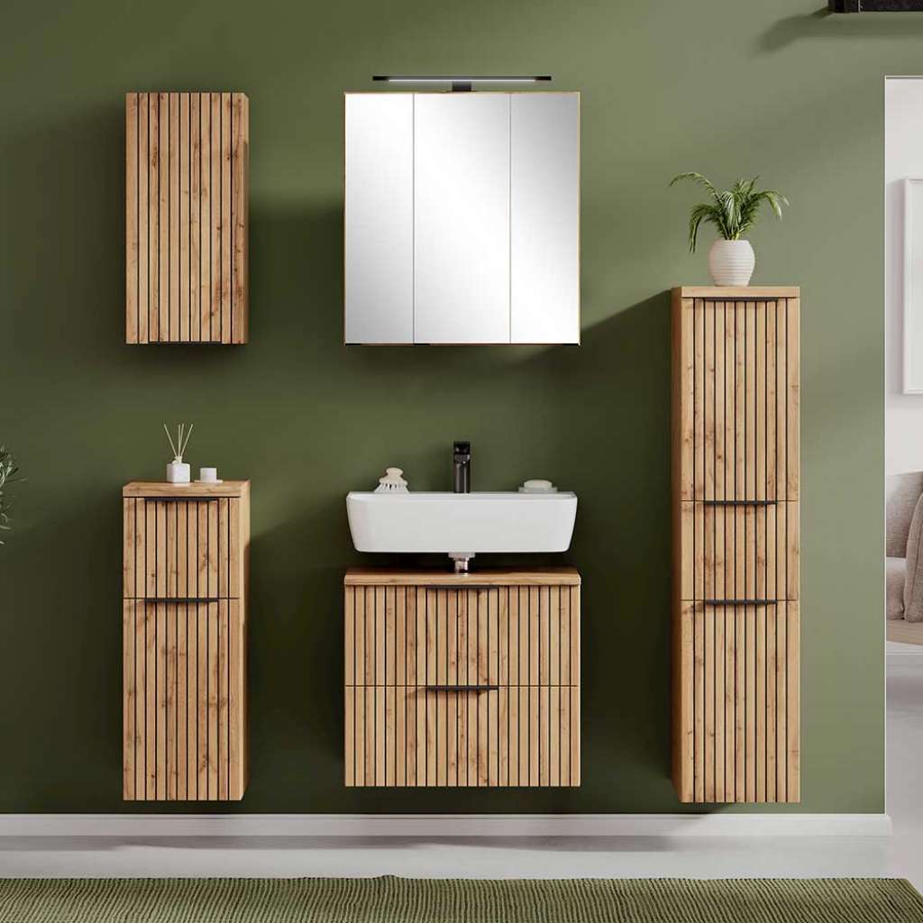 Badezimmermöbel mit Spiegelschrank in Wildeichefarben Schwarz (fünfteilig)