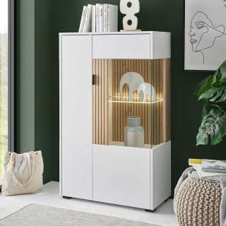 Highboard mit Glastür in Weiß und Wildeichefarben 75 cm breit
