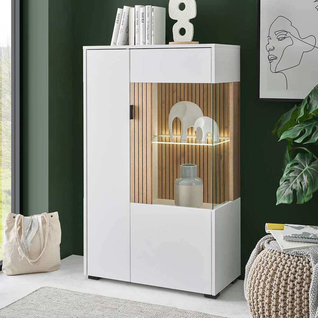 Highboard mit Glastür in Weiß und Wildeichefarben 75 cm breit