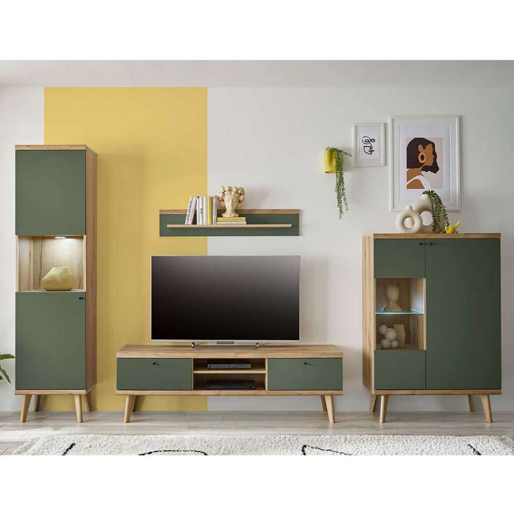 TV Wohnwand modern im Skandi Design Graugrün (vierteilig)