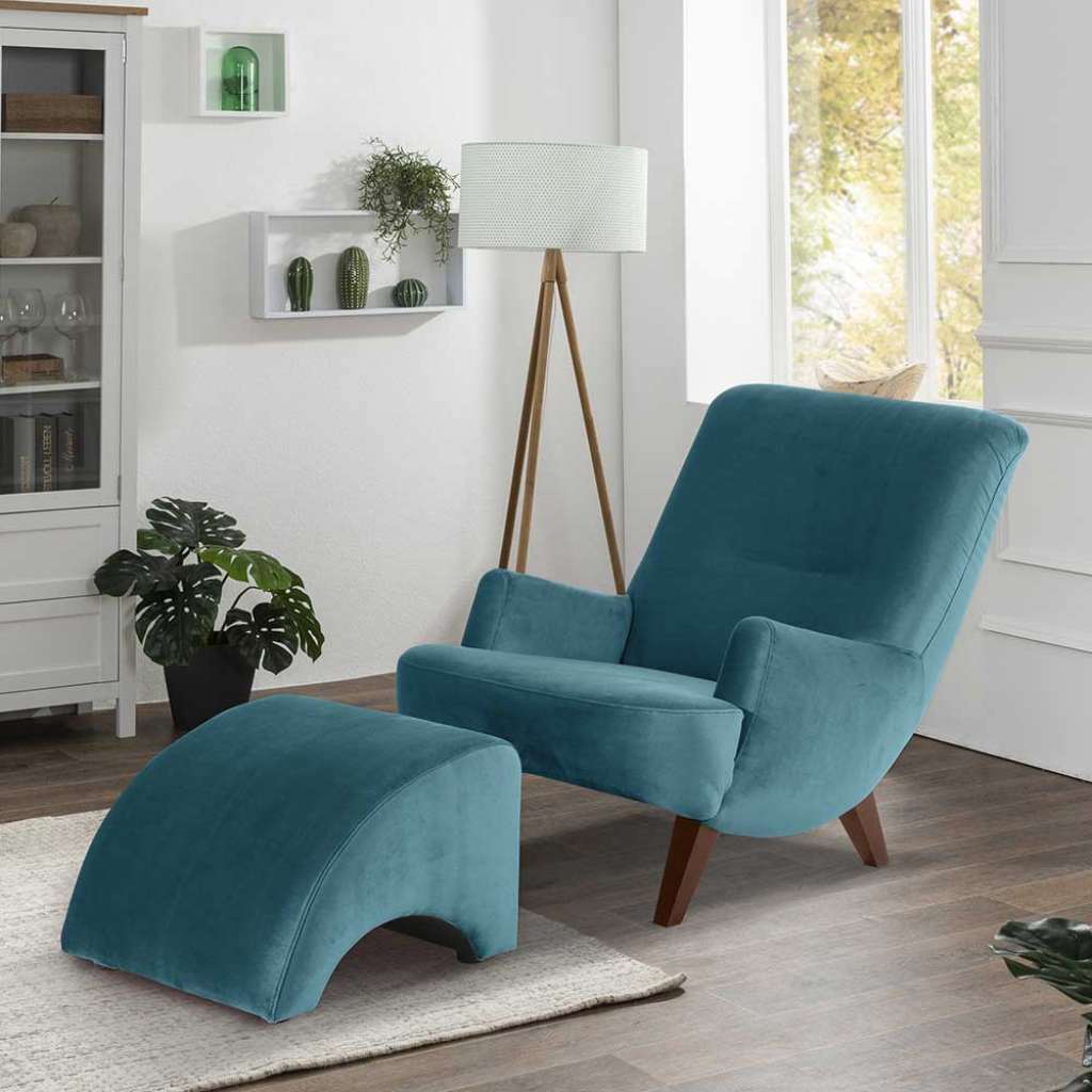 Moderner Design TV Sessel in Petrol Samtvelour Nussbaumfarben