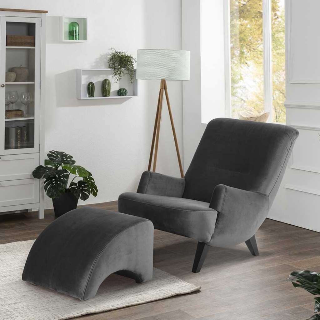 Sessel wahlweise mit Hocker in Anthrazit und Schwarz Samtvelours