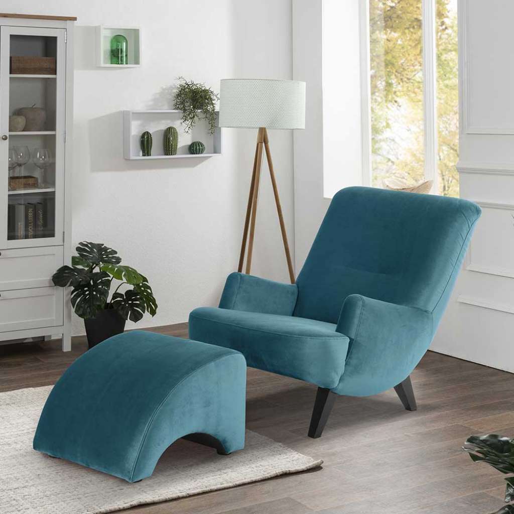 Kaminsessel Petrol Samtvelour in modernem Design Vierfußgestell aus Holz