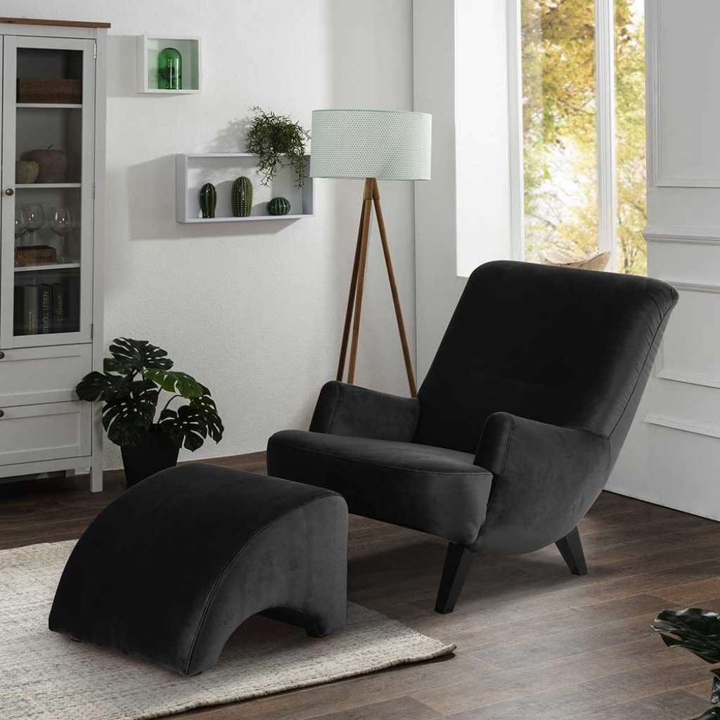 TV Sessel schwarz modern aus Samtvelours Vierfußgestell aus Holz