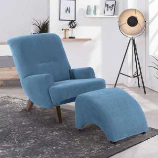 Sessel Petrol Velour in modernem Design Vierfußgestell aus Holz