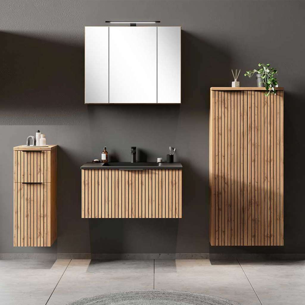 Design Badmöbel modern in Wildeichefarben Schwarz (vierteilig)