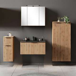 Design Badmöbel modern in Wildeichefarben Schwarz (vierteilig)