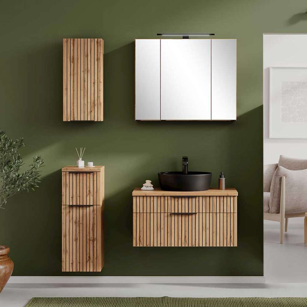 Design Badmoebelkomplettset in Wildeichefarben Schwarz (vierteilig)