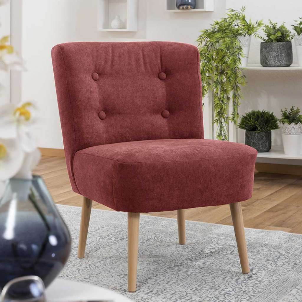 Cocktailsessel in Rot und Buchefarben Vierfußgestell aus Holz