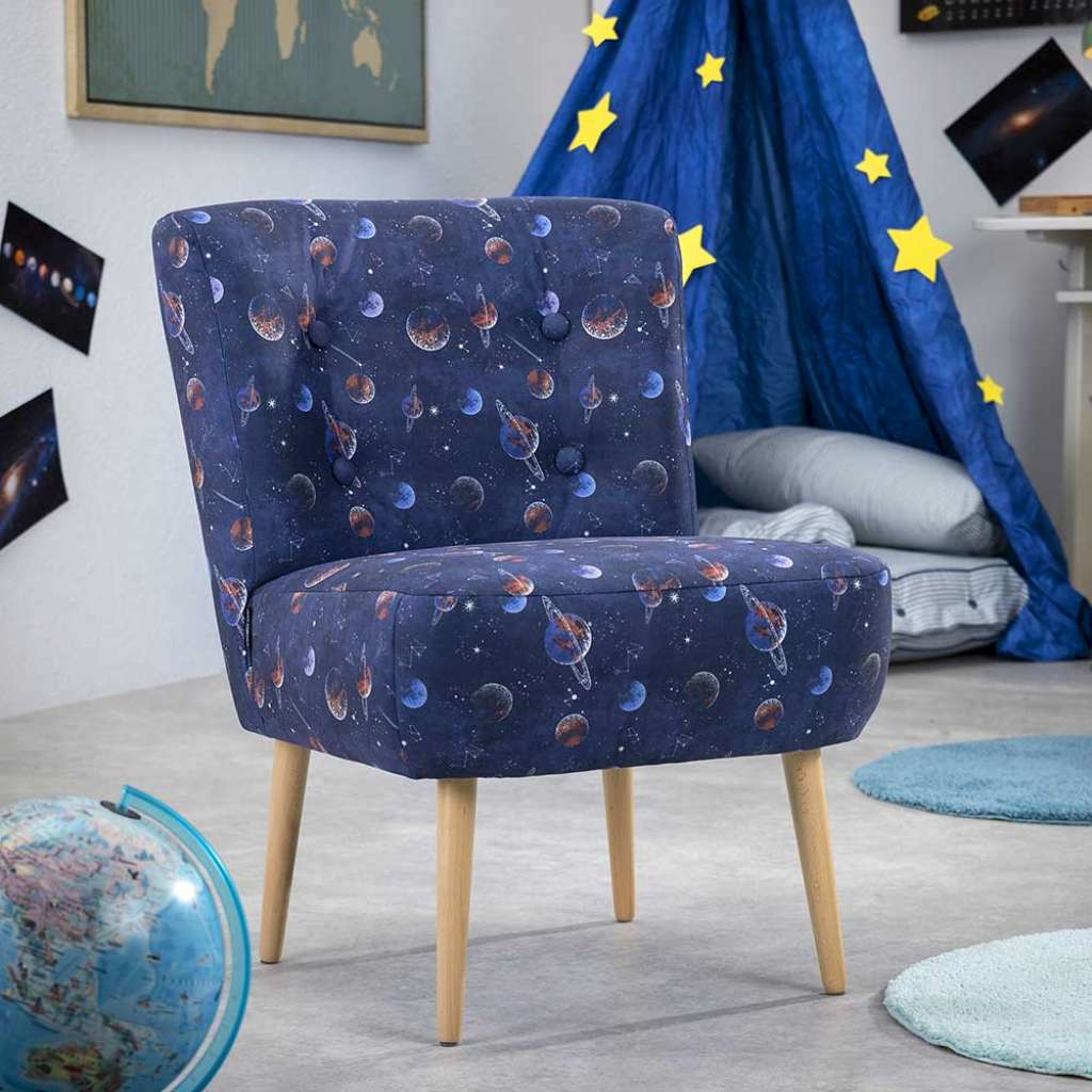 Kinder Sessel mit Planeten Weltraum Motiv Blau Flachgewebe