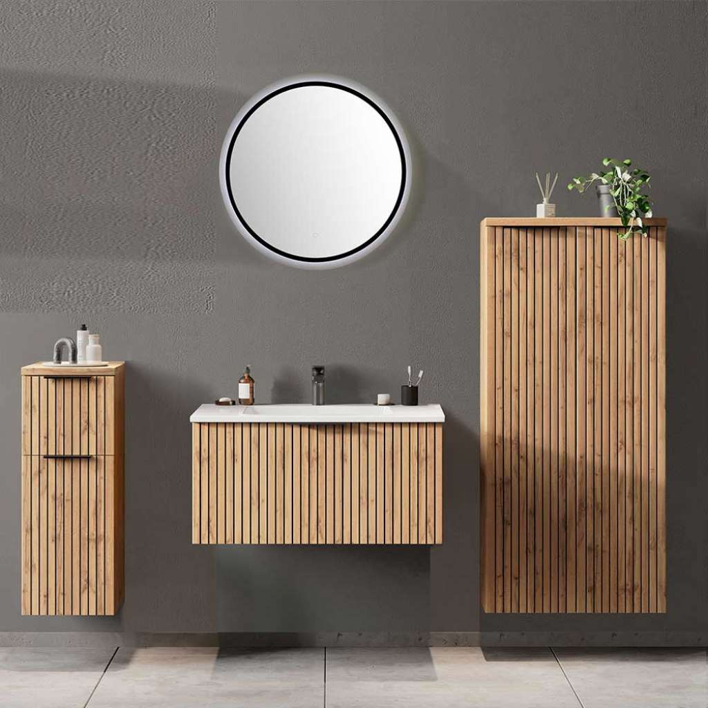 Wandmontage Badezimmermöbel in Wildeichefarben Made in Germany (vierteilig)