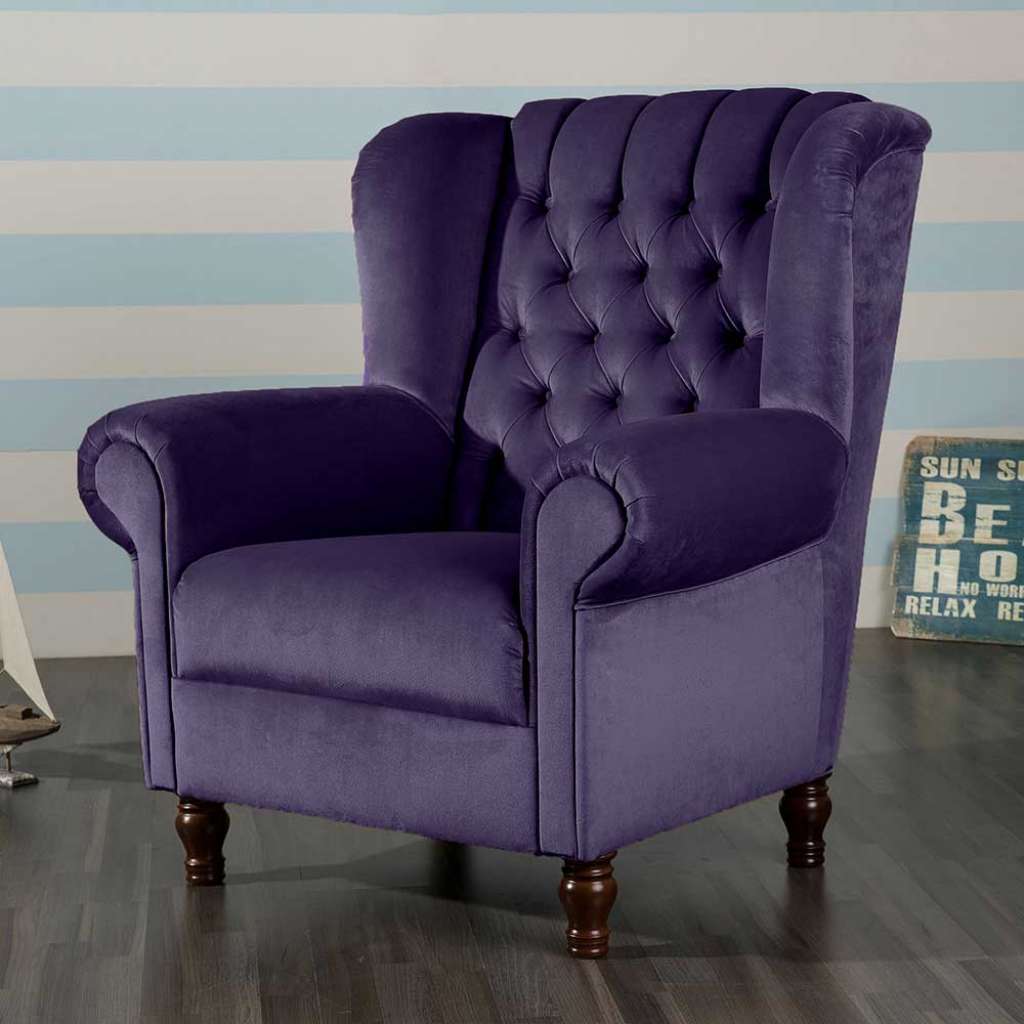 Chesterfield Kaminsessel in Dunkellila 44 cm Sitzhöhe