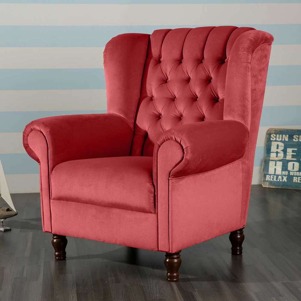 Chesterfield Ohrenbackensessel aus Samtvelours Rot
