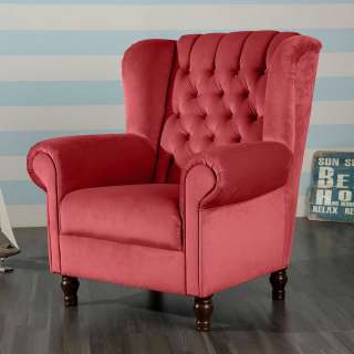 Chesterfield Ohrenbackensessel aus Samtvelours Rot