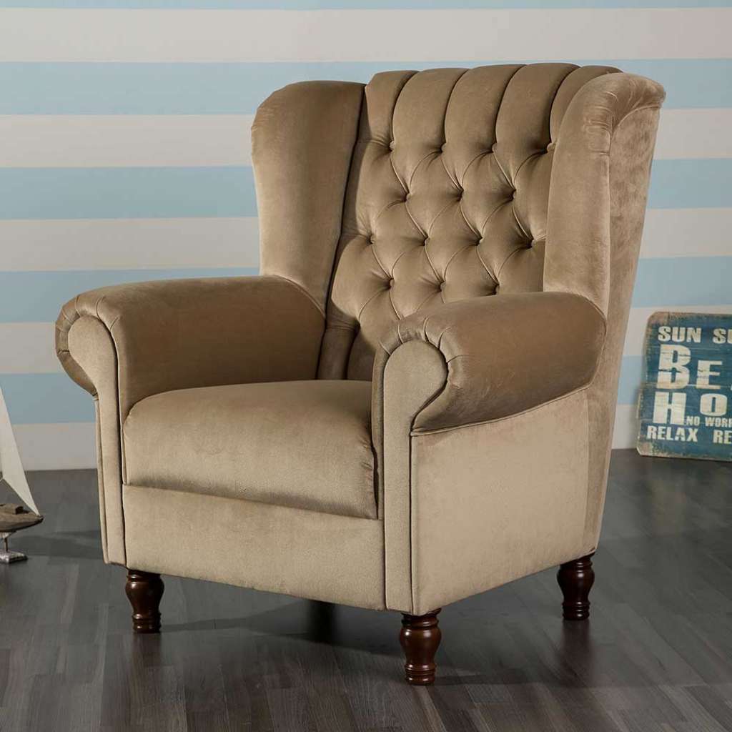 Federkern Wohnzimmer Sessel in Beige Samt Chesterfield Look