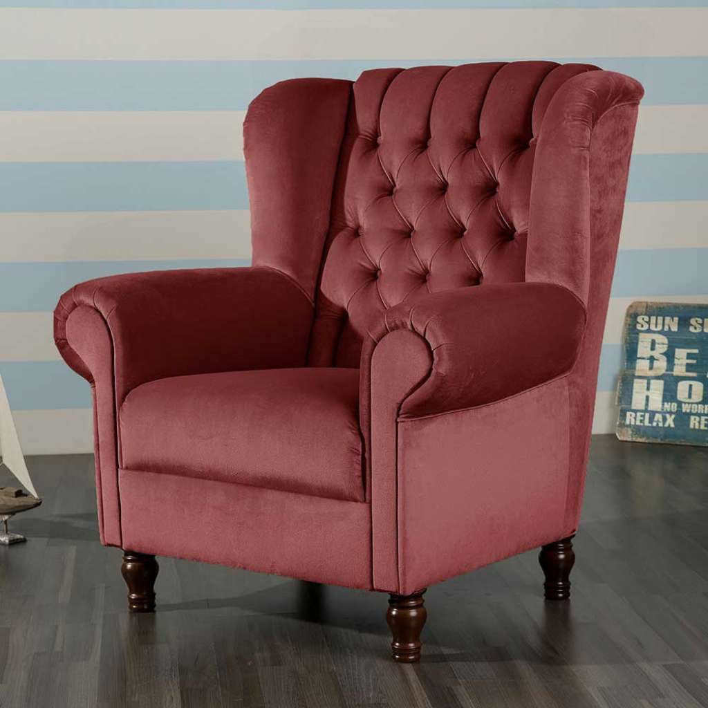 Ohrenbackensessel Chesterfield aus Samtvelours Ziegel Rot