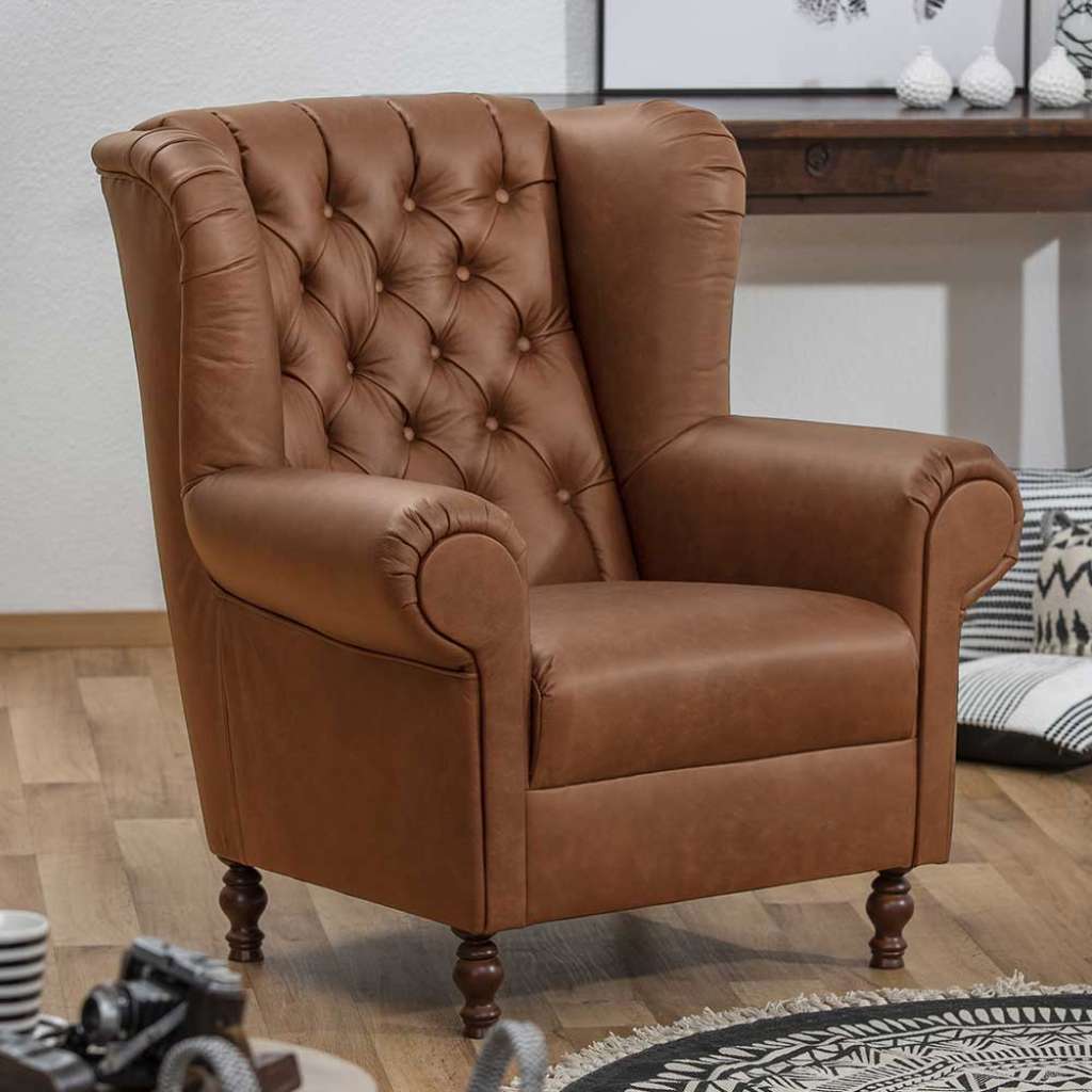 Leder Ohrensessel in Cognac Braun Chesterfield Look