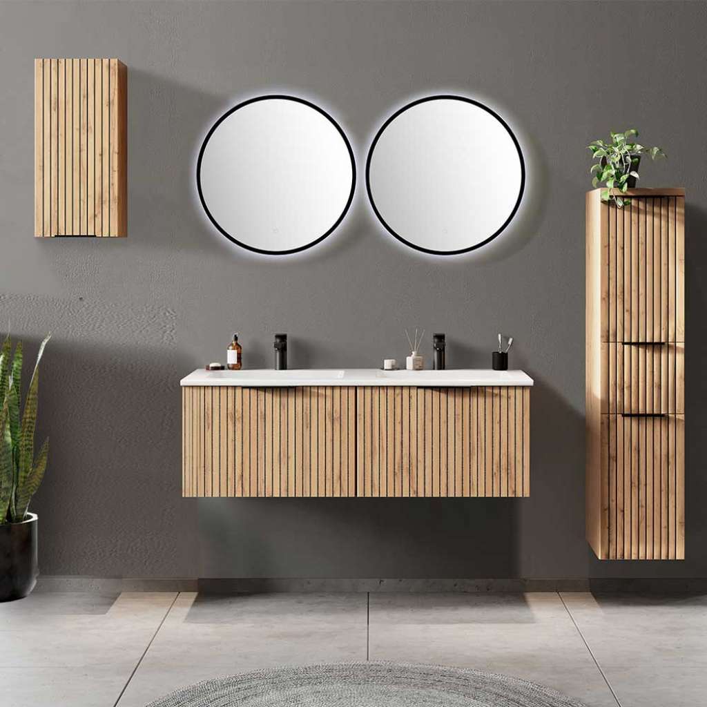 Wandmontage Badmöbel in Wildeichefarben Made in Germany (fünfteilig)