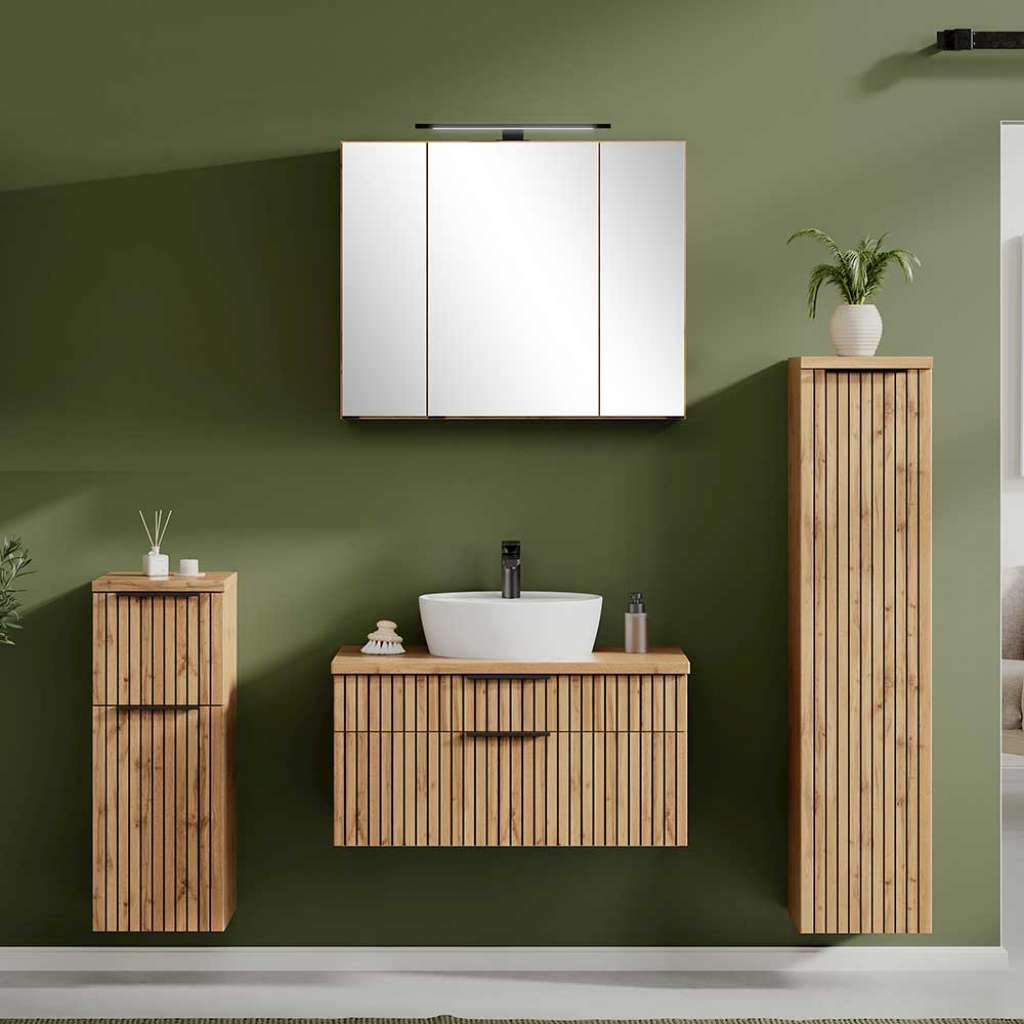 Hänge Badezimmermöbel Set in Wildeichefarben Made in Germany (vierteilig)