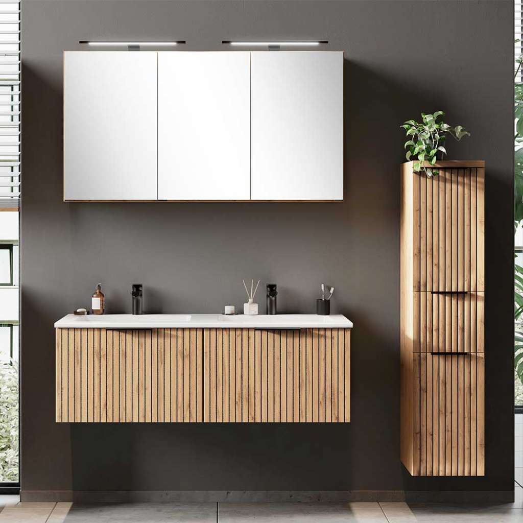 Badset mit zwei Becken und Spiegelschrank Wildeichefarben (dreiteilig)