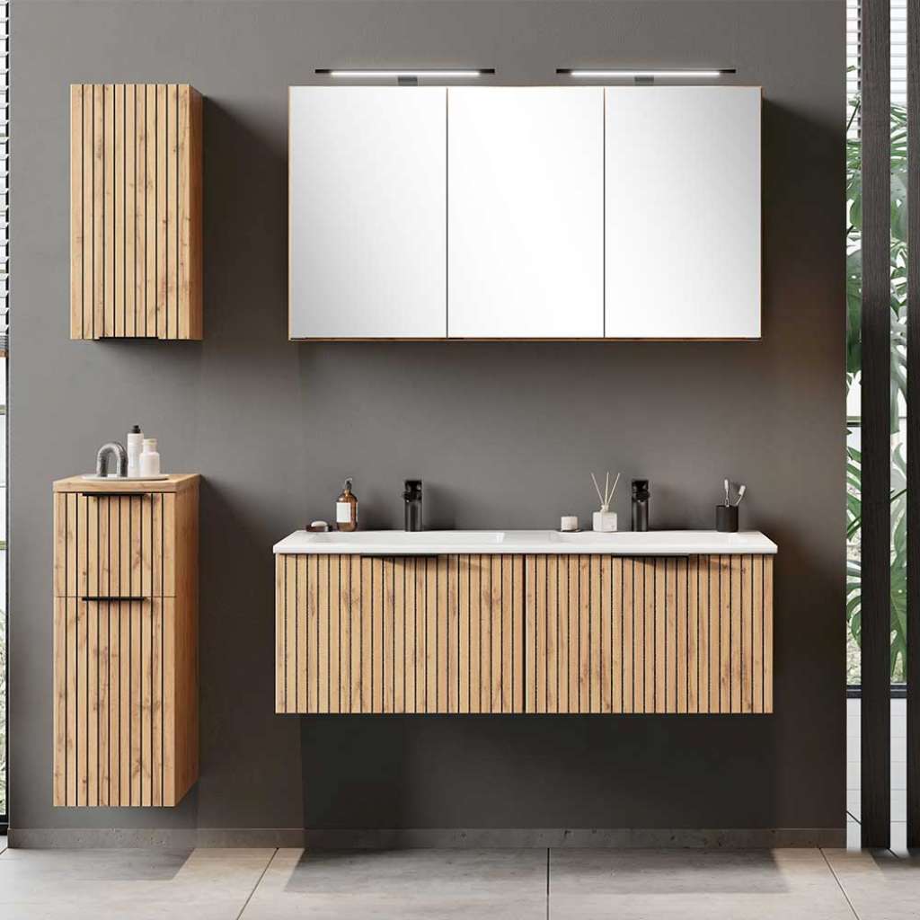 Waschplatz Set mit 2 Becken in Wildeichefarben Made in Germany (vierteilig)