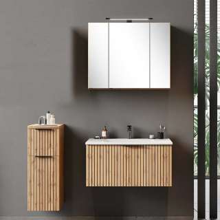 Wandmontage Waschplatz Set in Wildeichefarben 110 cm breit (dreiteilig)