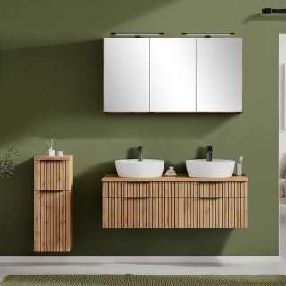 Wand Badmöbelkomplettset in Wildeichefarben 150 cm breit (dreiteilig)