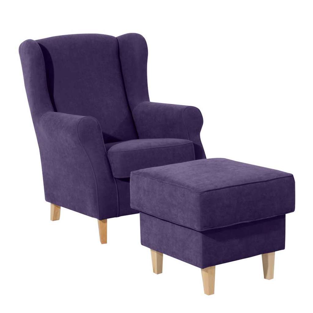 Ohrensesseln in Violett Velours Vierfußgestell aus Holz
