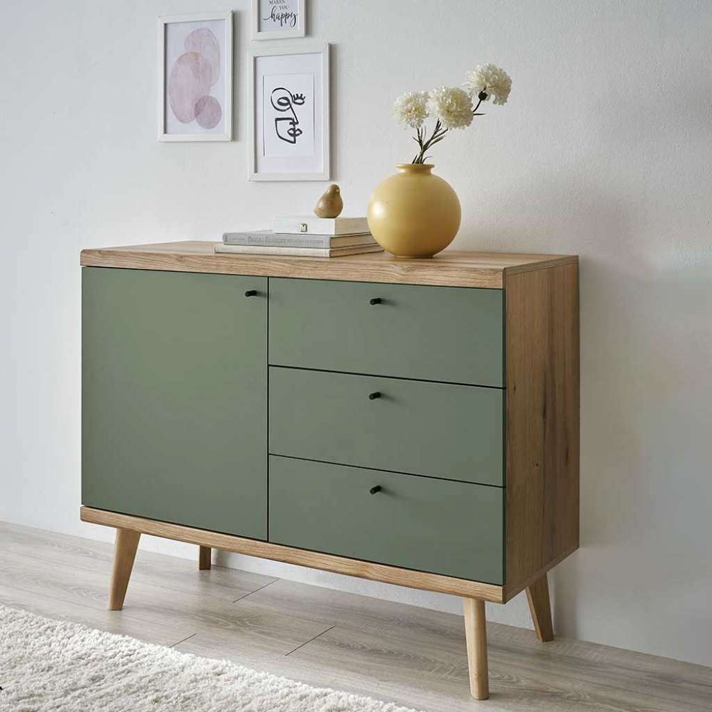 Dielen Kommode im Skandi Design Wildeichefarben und Graugrün